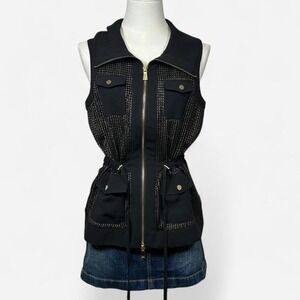 Cache Y2K Women's Gold Embellished Zip Up Vest Slim Fit Drawstring Toggle Glam S